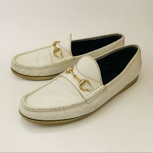 GUCCI White Leather Horsebit Loafers Dress Shoes